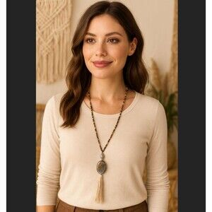 J. Jill Multi-Beaded Strand Necklace Long Agate Pendant Tassel Statement Metal